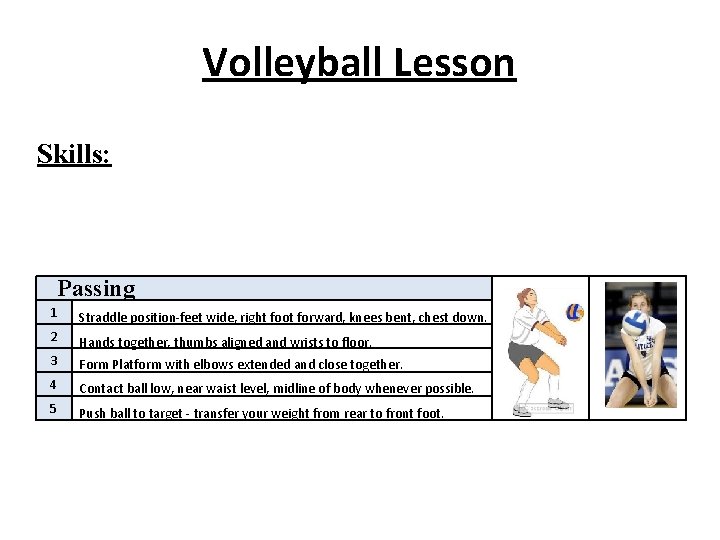Volleyball Lesson Skills: Passing 1 Straddle position-feet wide, right foot forward, knees bent, chest