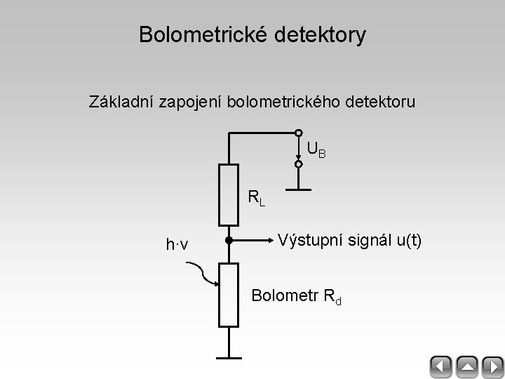 Bolometrické detektory Základní zapojení bolometrického detektoru UB RL h·v Výstupní signál u(t) Bolometr Rd