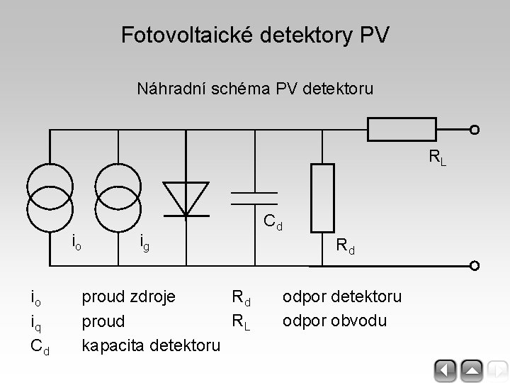 Fotovoltaické detektory PV Náhradní schéma PV detektoru RL io io iq Cd ig Rd