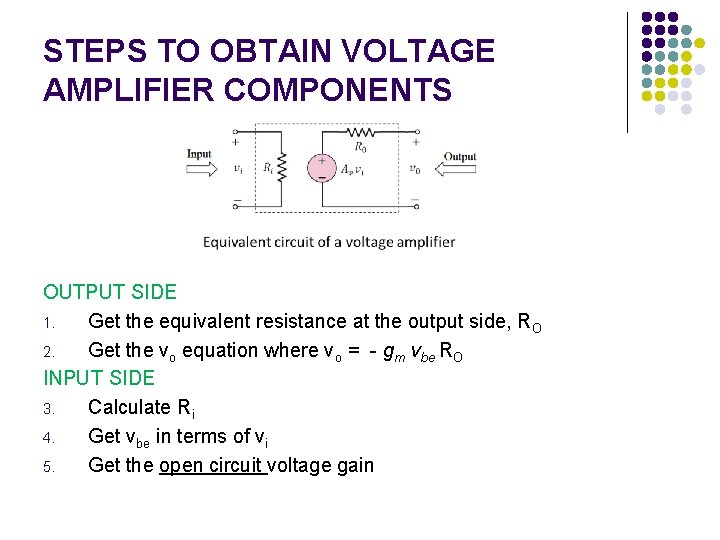 STEPS TO OBTAIN VOLTAGE AMPLIFIER COMPONENTS OUTPUT SIDE 1. Get the equivalent resistance at