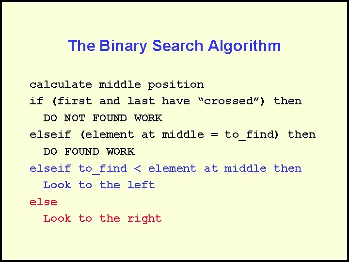 The Binary Search Algorithm calculate middle position if (first and last have “crossed”) then