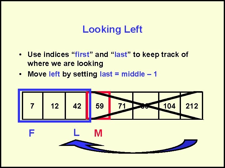 Looking Left • Use indices “first” and “last” to keep track of where we