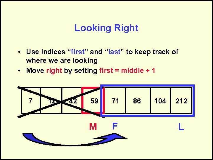 Looking Right • Use indices “first” and “last” to keep track of where we