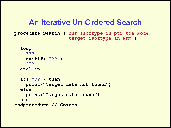An Iterative Un-Ordered Search procedure Search ( cur isoftype in ptr toa Node, target
