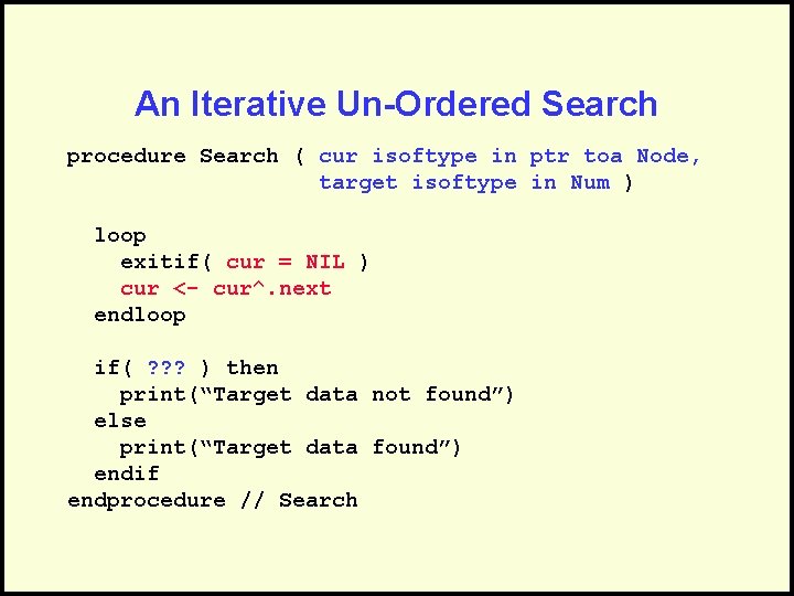 An Iterative Un-Ordered Search procedure Search ( cur isoftype in ptr toa Node, target