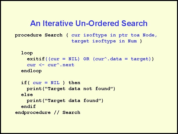 An Iterative Un-Ordered Search procedure Search ( cur isoftype in ptr toa Node, target