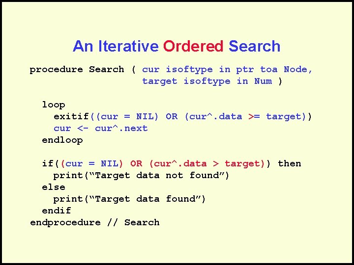 An Iterative Ordered Search procedure Search ( cur isoftype in ptr toa Node, target