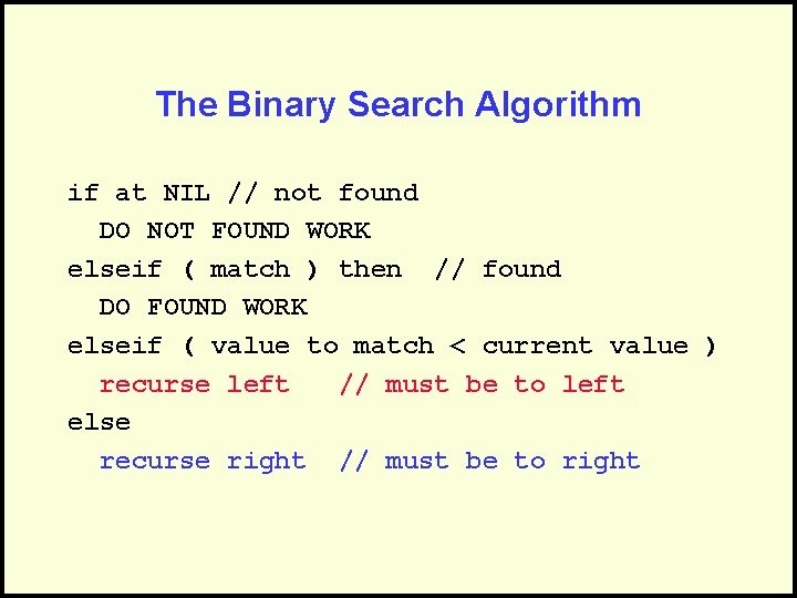 The Binary Search Algorithm if at NIL // not found DO NOT FOUND WORK