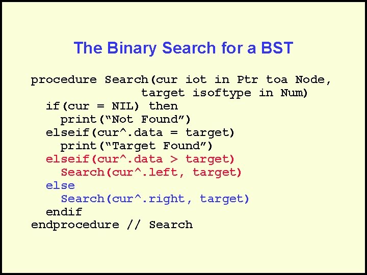 The Binary Search for a BST procedure Search(cur iot in Ptr toa Node, target