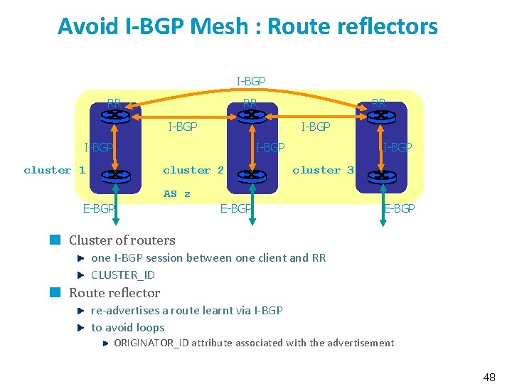 Avoid I-BGP Mesh : Route reflectors I-BGP RR RR RR I-BGP cluster 1 cluster