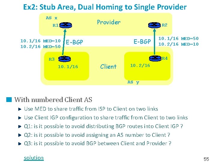 Ex 2: Stub Area, Dual Homing to Single Provider AS x Provider R 1