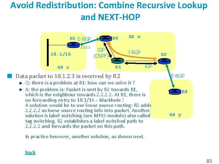 Avoid Redistribution: Combine Recursive Lookup and NEXT-HOP R 6 R 5 E-BGP 2. 2