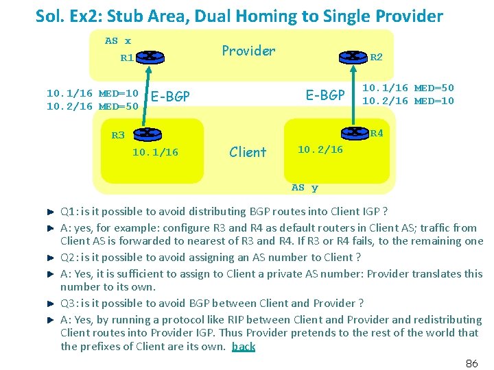 Sol. Ex 2: Stub Area, Dual Homing to Single Provider AS x Provider R