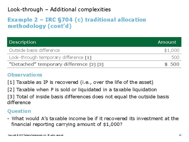 Look-through – Additional complexities Example 2 – IRC § 704 (c) traditional allocation methodology