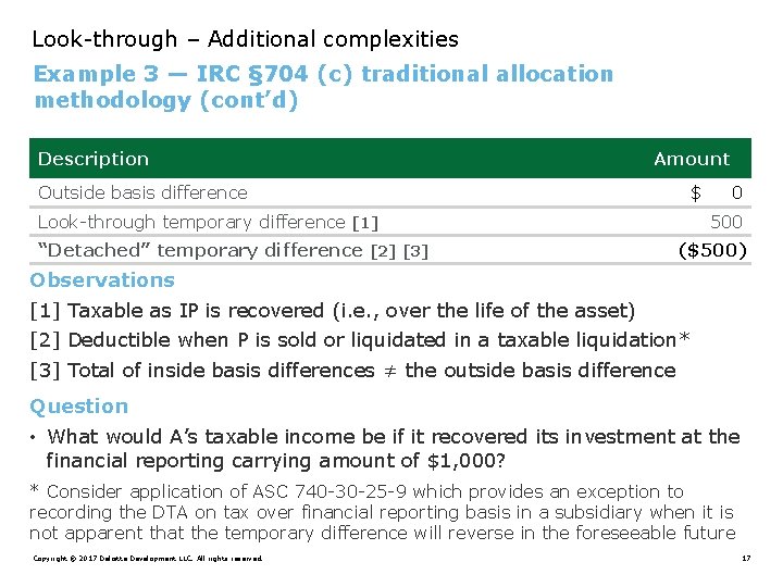 Look-through – Additional complexities Example 3 — IRC § 704 (c) traditional allocation methodology