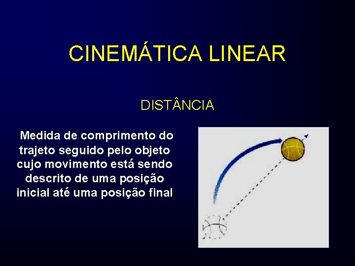 CINEMÁTICA LINEAR DIST NCIA Medida de comprimento do trajeto seguido pelo objeto cujo movimento