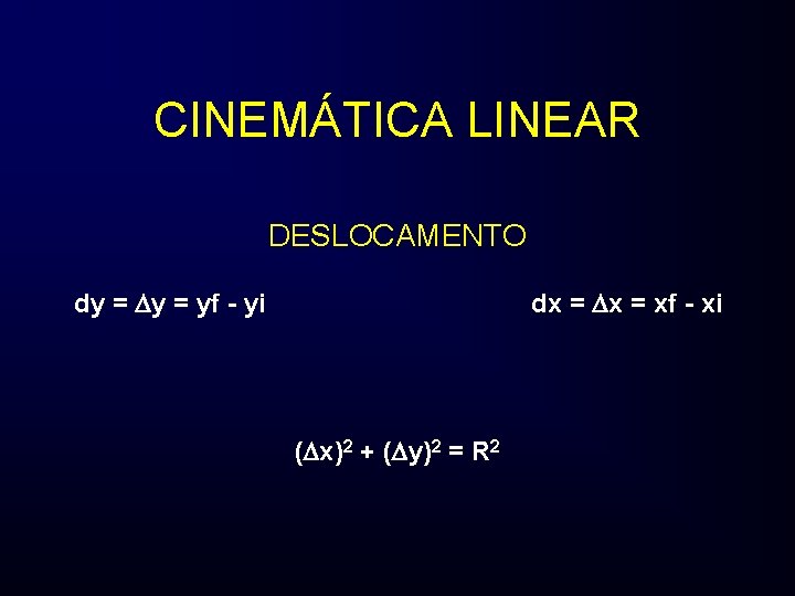 CINEMÁTICA LINEAR DESLOCAMENTO dy = yf - yi dx = xf - xi (