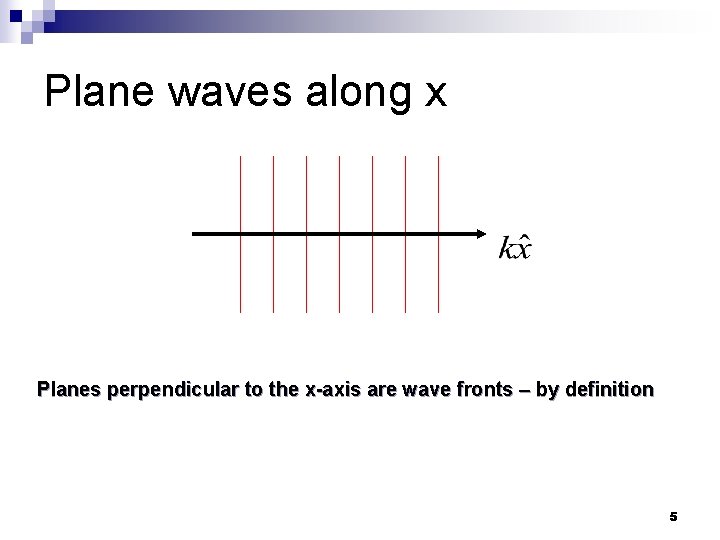 Plane waves along x Planes perpendicular to the x-axis are wave fronts – by