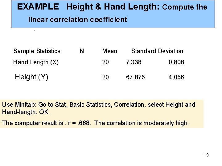 EXAMPLE Height & Hand Length: Compute the linear correlation coefficient. Sample Statistics N Mean