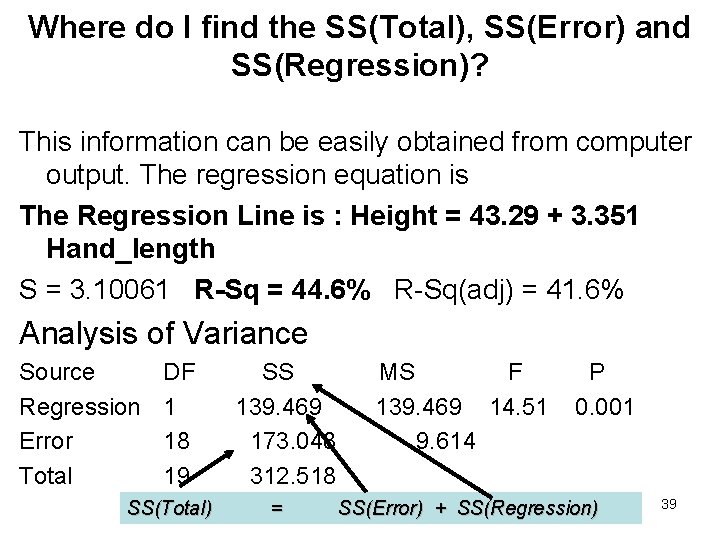 Where do I find the SS(Total), SS(Error) and SS(Regression)? This information can be easily