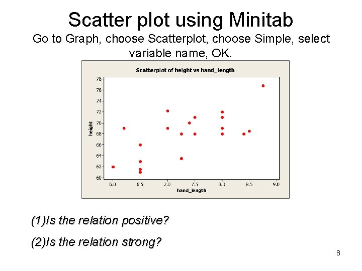Scatter plot using Minitab Go to Graph, choose Scatterplot, choose Simple, select variable name,
