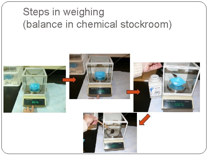 Steps in weighing (balance in chemical stockroom) 