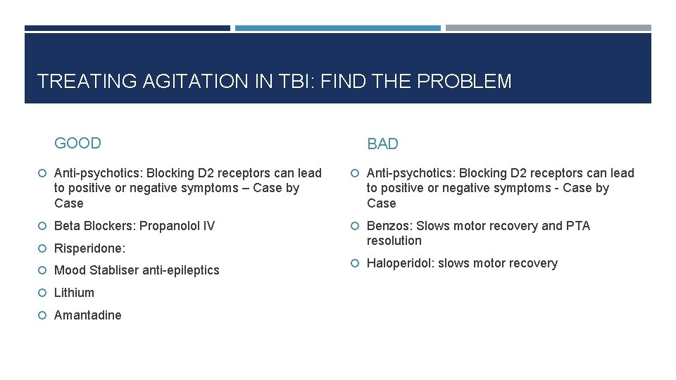 TREATING AGITATION IN TBI: FIND THE PROBLEM GOOD Anti-psychotics: Blocking D 2 receptors can