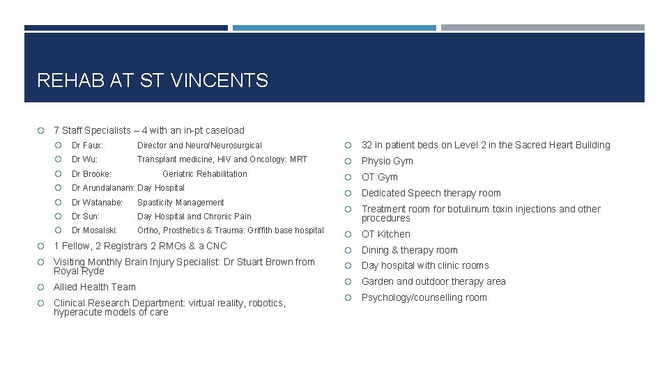 REHAB AT ST VINCENTS 7 Staff Specialists – 4 with an in-pt caseload Dr