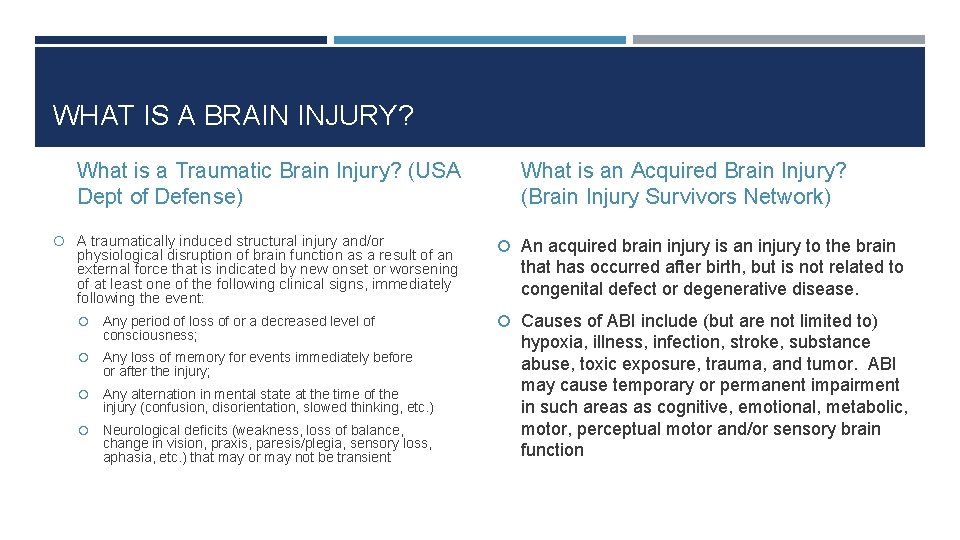 WHAT IS A BRAIN INJURY? What is a Traumatic Brain Injury? (USA Dept of