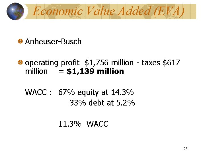 Economic Value Added (EVA) Anheuser-Busch operating profit $1, 756 million - taxes $617 million