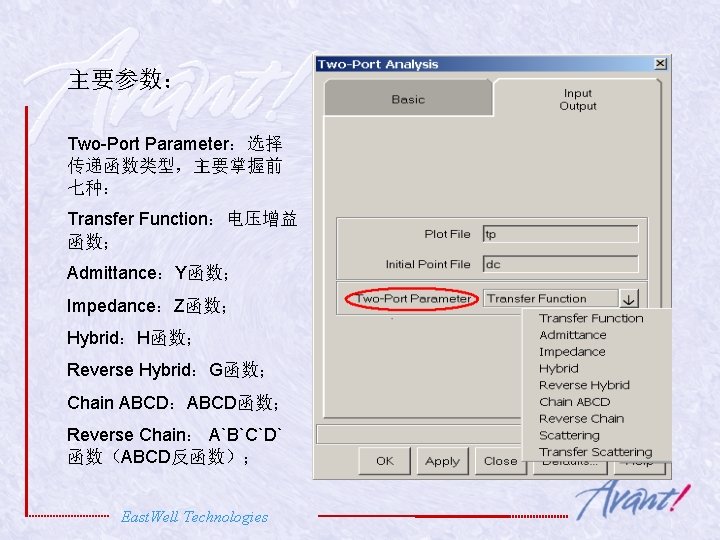 主要参数： Two-Port Parameter：选择 传递函数类型，主要掌握前 七种： Transfer Function：电压增益 函数； Admittance：Y函数； Impedance：Z函数； Hybrid：H函数； Reverse Hybrid：G函数； Chain