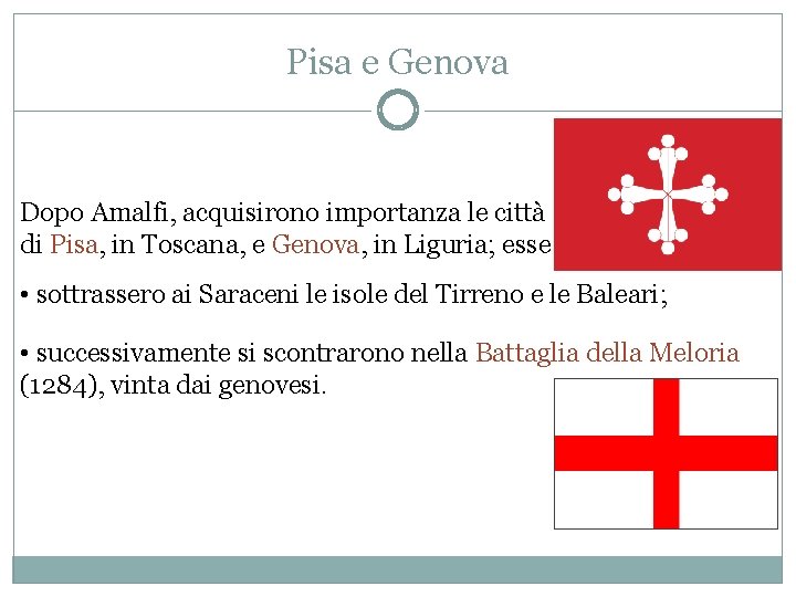 Pisa e Genova Dopo Amalfi, acquisirono importanza le città di Pisa, in Toscana, e