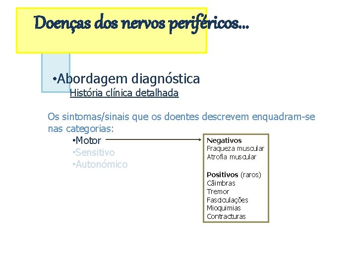 Doenças dos nervos periféricos. . . • Abordagem diagnóstica História clínica detalhada Os sintomas/sinais