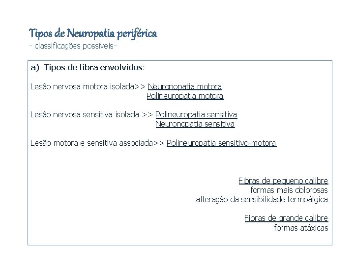 Tipos de Neuropatia periférica - classificações possíveis- a) Tipos de fibra envolvidos: Lesão nervosa