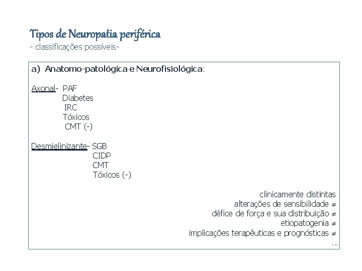 Tipos de Neuropatia periférica - classificações possíveis- a) Anatomo-patológica e Neurofisiológica: Axonal- PAF Diabetes