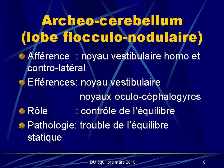 Archeo-cerebellum (lobe flocculo-nodulaire) Afférence : noyau vestibulaire homo et contro-latéral Efférences: noyau vestibulaire noyaux