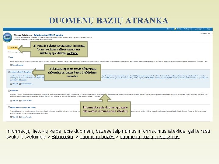 DUOMENŲ BAZIŲ ATRANKA 2) Varnele pažymėjus tinkamas duomenų bazes, kuriuose vėliau formuosime užklausą spaudžiame