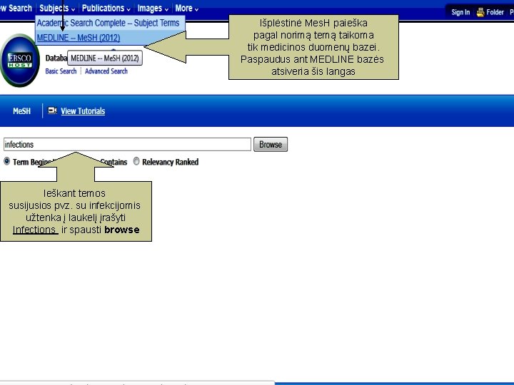 Išplėstinė Mes. H paieška pagal norimą temą taikoma tik medicinos duomenų bazei. Paspaudus ant