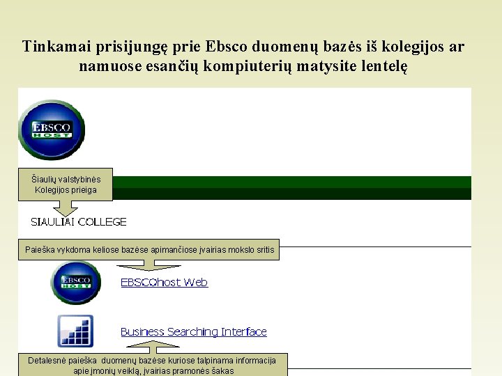 Tinkamai prisijungę prie Ebsco duomenų bazės iš kolegijos ar namuose esančių kompiuterių matysite lentelę