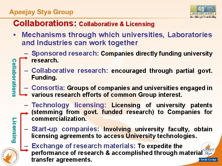 Collaborations: Collaborative & Licensing • Mechanisms through which universities, Laboratories and Industries can work