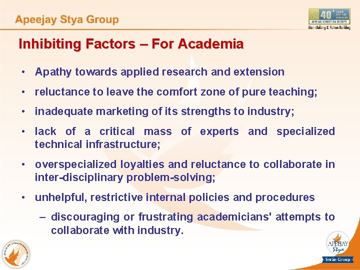 Inhibiting Factors – For Academia • Apathy towards applied research and extension • reluctance