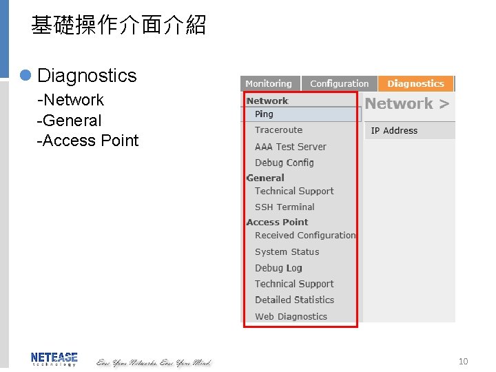 基礎操作介面介紹 l Diagnostics -Network -General -Access Point 10 