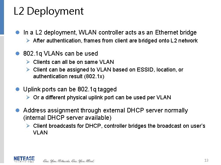 L 2 Deployment l In a L 2 deployment, WLAN controller acts as an