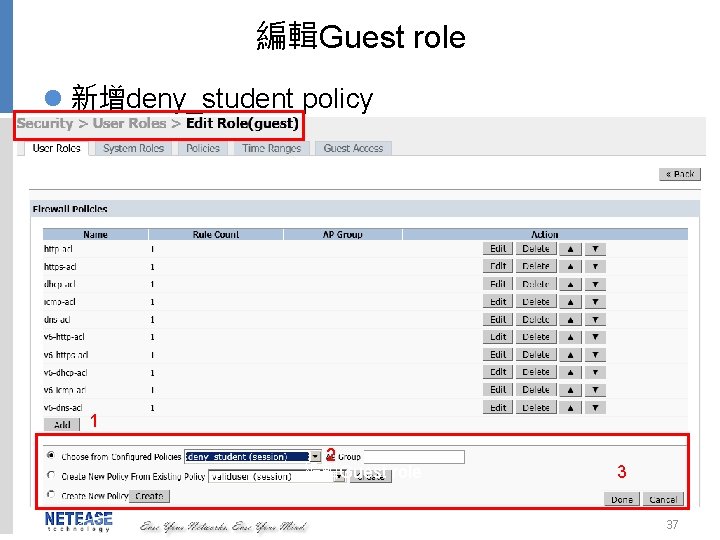 編輯Guest role l 新增deny_student policy 1 2 編輯Guest role 3 37 