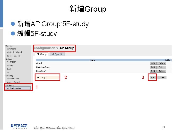 新增Group l 新增AP Group: 5 F-study l 編輯 5 F-study 2 3 1 49