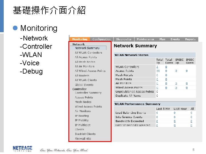 基礎操作介面介紹 l Monitoring -Network -Controller -WLAN -Voice -Debug 8 