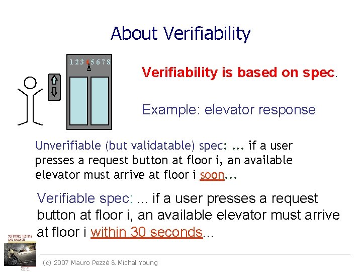 About Verifiability 12345678 Verifiability is based on spec. Example: elevator response Unverifiable (but validatable)