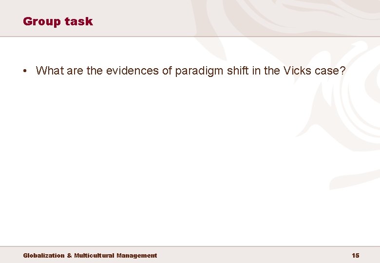 Group task • What are the evidences of paradigm shift in the Vicks case?