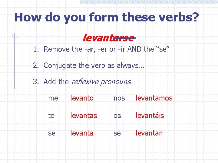 How do you form these verbs? levantarse 1. Remove the -ar, -er or -ir