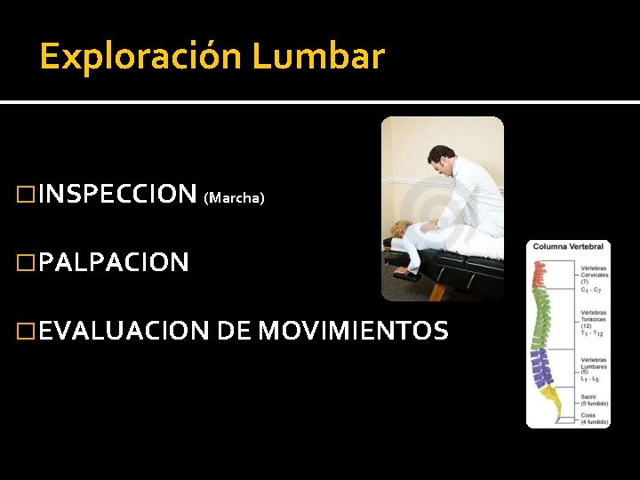 Exploración Lumbar �INSPECCION (Marcha) �PALPACION �EVALUACION DE MOVIMIENTOS 